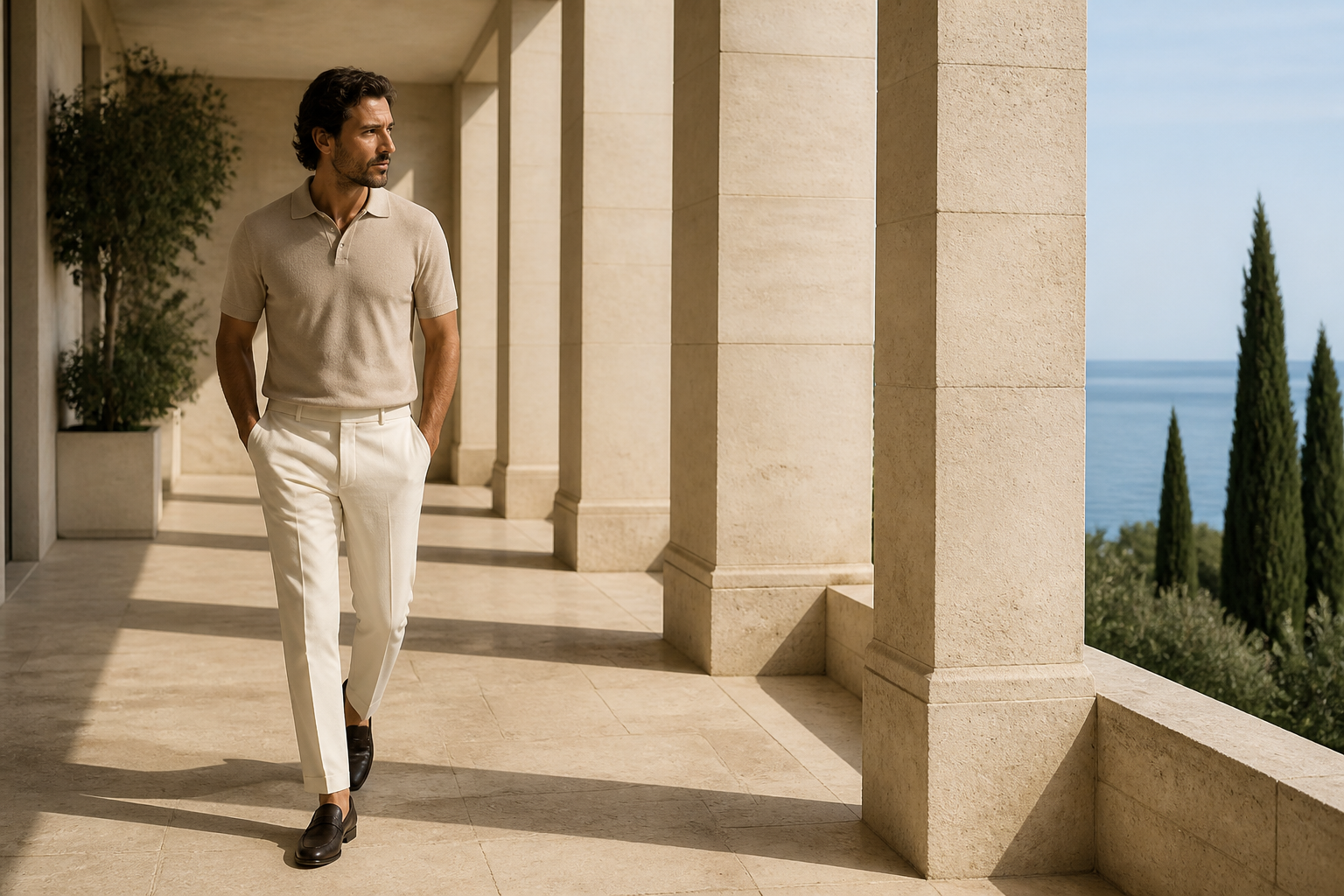 A man wearing loafers through a Mediterranean colonnade